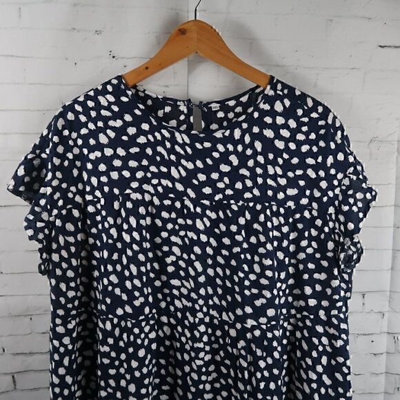 NAVY BLUE WITH WHITE DESIGN ROUND NECK RUFFLE CAP SLEEVE PRAIRE TUNIC TOP 2XL - Picture 3 of 8